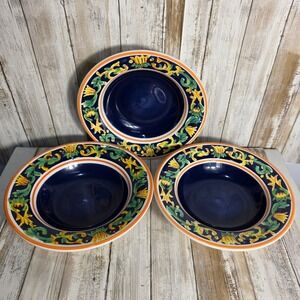 Bucatini Hand Painted Collection Pasta Bowls Set of‎ 3 Blue Orange Floral Rim